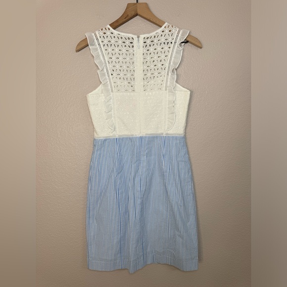 Lilly Pulitzer Maya Shift Dress Coastal Blue Seersucker White Lace size 2 - Picture 11 of 16